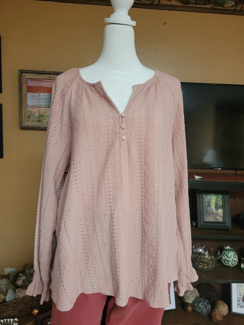 Frye Blush Pink Knit Peasant Button-Front Top